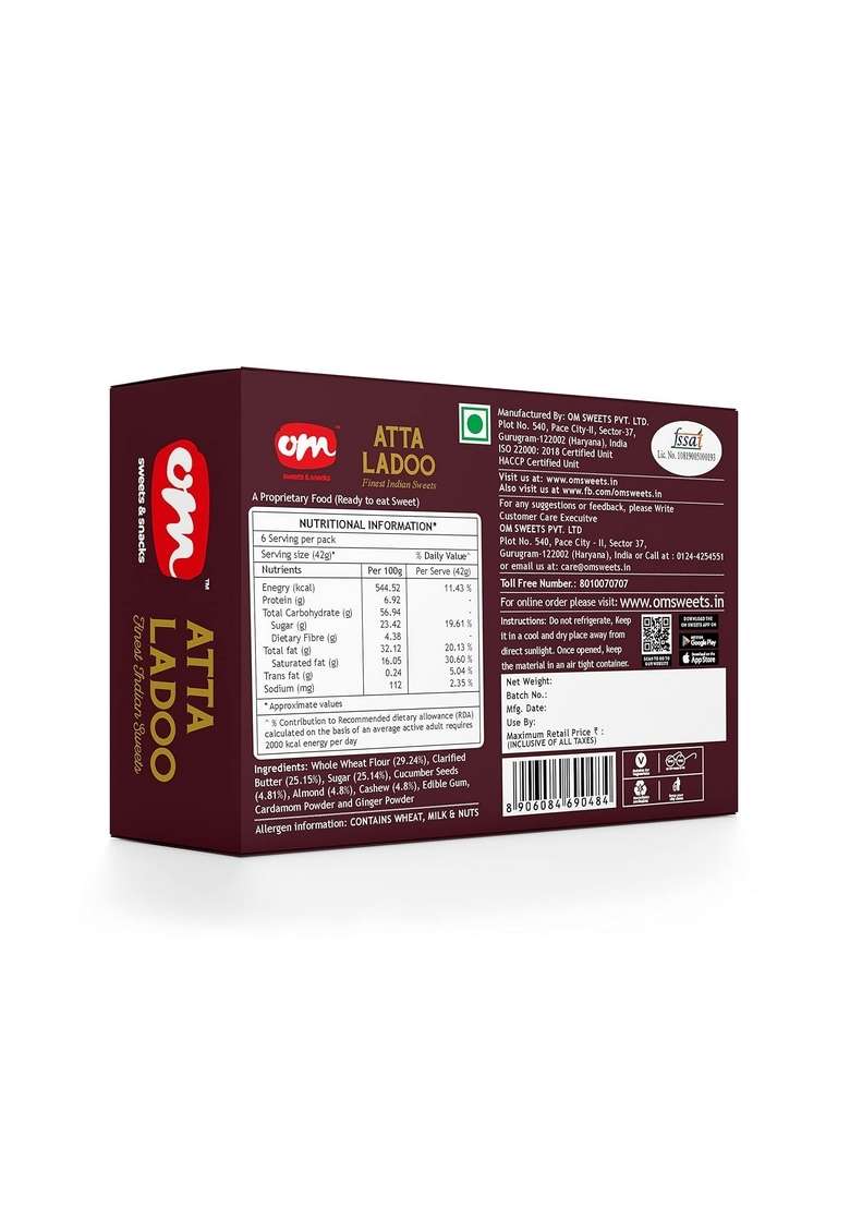 OM SWEETS & SNACKS Atta Laddoo | Made With Premium Ingredients No Added Colours Or Preservatives Rich In Carbohydrates Proteins Fresh Products Indian Mithai Pure Desi Ghee 800gm 1 Box - Indya