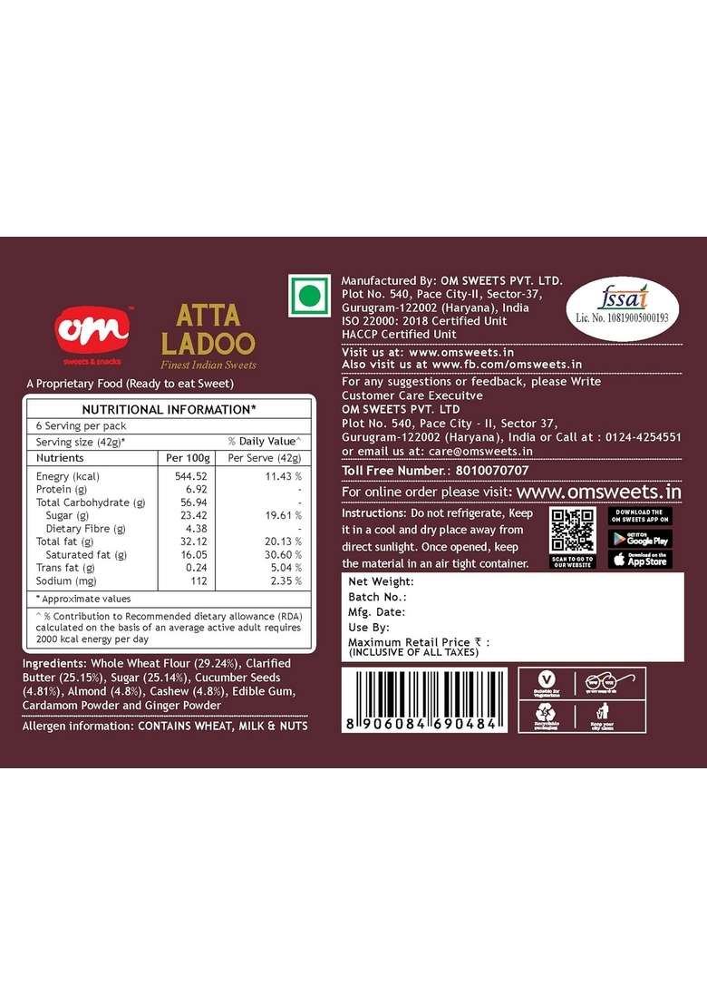 OM SWEETS & SNACKS Atta Laddoo | Made With Premium Ingredients No Added Colours Or Preservatives Rich In Carbohydrates Proteins Fresh Products Indian Mithai Pure Desi Ghee 800gm 1 Box - Indya