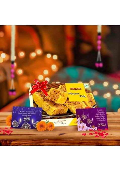 Bhagats Diwali Hampers Sweets Hamper | Mysore Pak 200 2 Greeting Cards Festive Gift Box with Ribbon for Family, Friends & Office