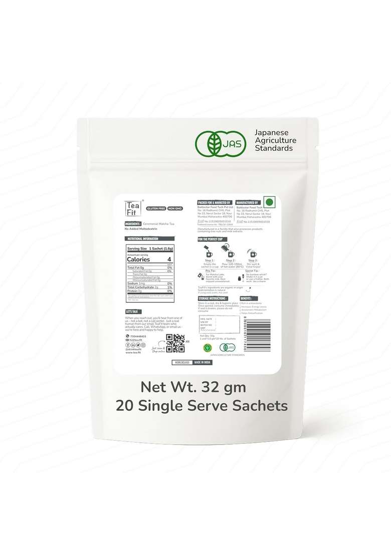 TeaFit Ceremonial Matcha Tea Powder, 32gm (20 Sachets) | From Uji, Japan Vibrant Green Color & Velvety Smooth Texture Japanese Coffee Replacement Rich in Anti-Oxidants Diabetic Friendly - Indya
