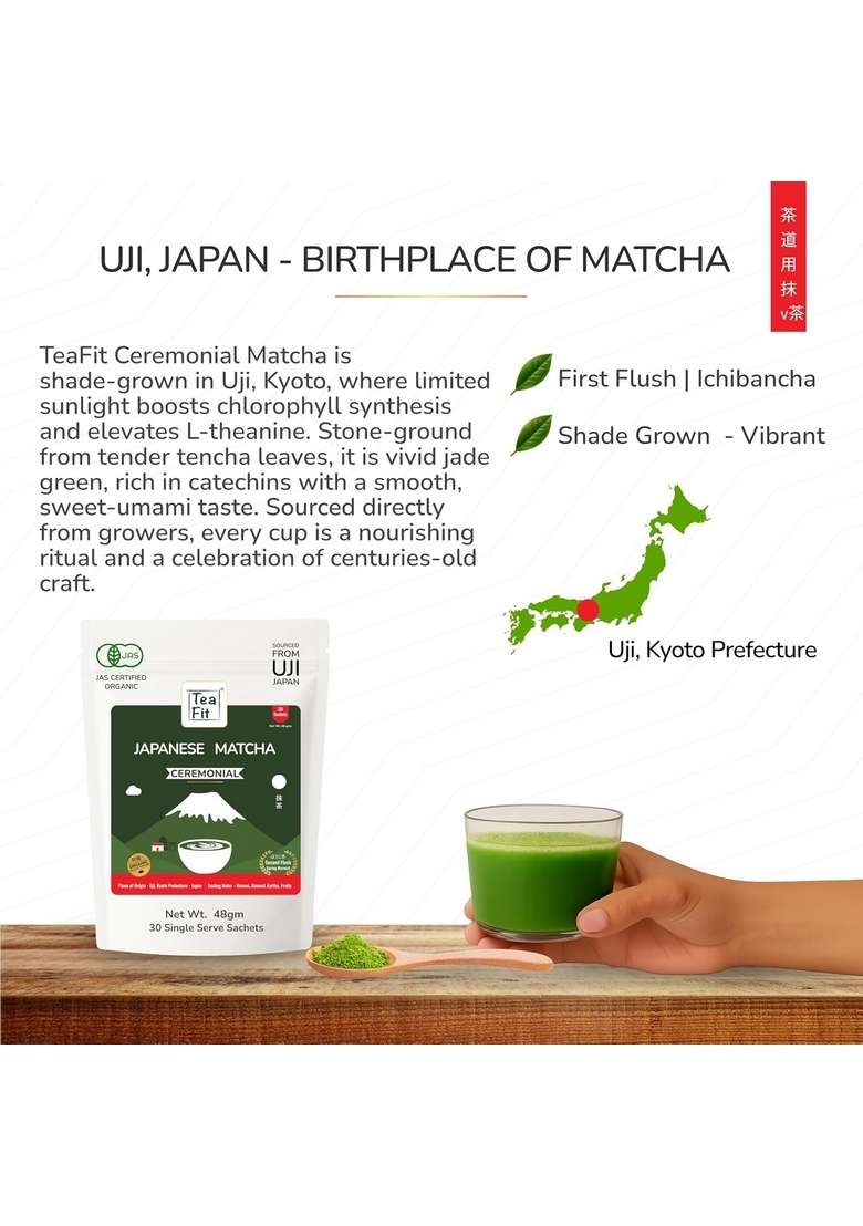 TeaFit Ceremonial Matcha Tea Powder, 32gm (20 Sachets) | From Uji, Japan Vibrant Green Color & Velvety Smooth Texture Japanese Coffee Replacement Rich in Anti-Oxidants Diabetic Friendly - Indya
