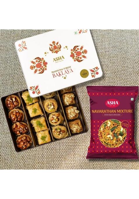 ASHA SWEET CENTER SWEETS Combo Gifting Pack of Baklava Assorted 430g with Navrathana Mixture 250gm | Premium Perfect For And Snacking Turkish Delight Made Fresh Ingredients Tea Time