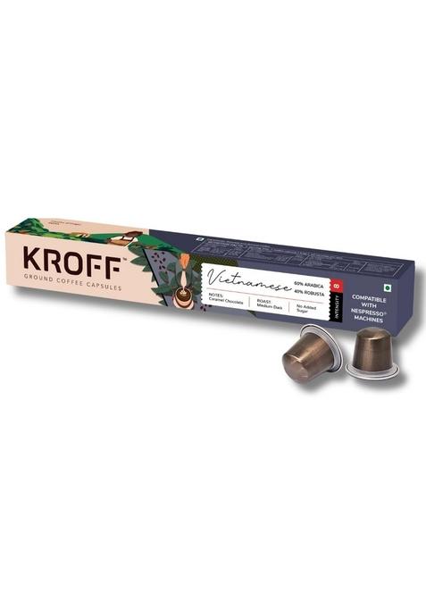 KROFF Vietnamese Aluminium Coffee Capsules, Medium Dark Arabica Robusta Blend Roast | Remarkable Taste 10 Pods Per Box Nespresso Compatible