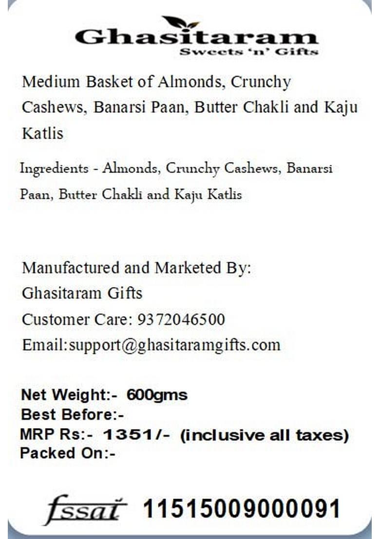 Ghasitaram Gifts Express Delivery Medium Basket of Almonds,Crunchy Cashews,Banarsi Flavoured,Butter Chakli & Kaju Katlis|Gift for Diwali,Valentine,Birthday,Anniversary,Gift Her,Him,Mothers Day|