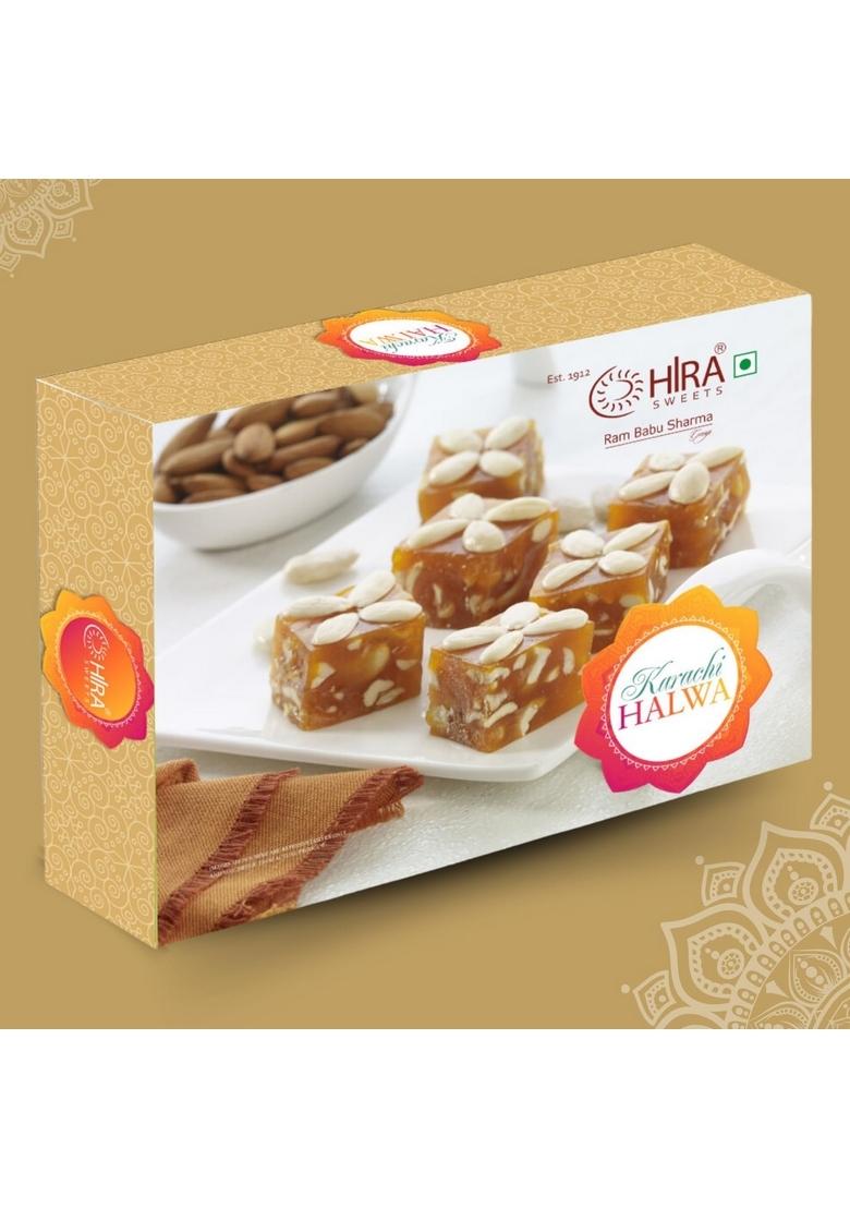 HIRA SWEETS Karachi Halwa 500gm | Made with Pure Desi Ghee & Fresh Almond,Healthy Cashew Nuts and Pistachio Ready to Eat Traditional Mithai No Added Colours Indian Gift Box