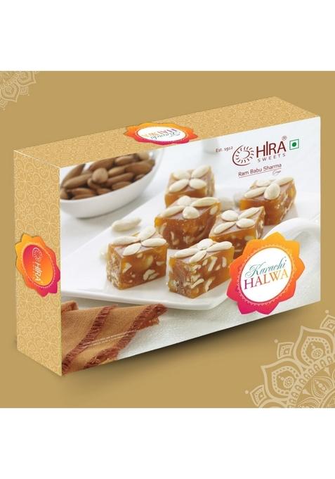 HIRA SWEETS Karachi Halwa 500gm | Made with Pure Desi Ghee & Fresh Almond,Healthy Cashew Nuts and Pistachio Ready to Eat Traditional Mithai No Added Colours Indian Gift Box