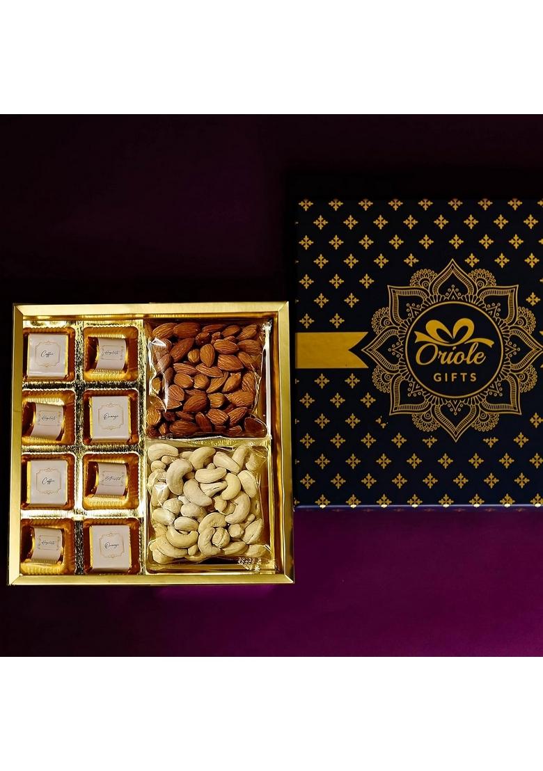 Oriole Gifts Diwali Hamper with Dry Fruits & Chocolate for Employees Family | Almond 100g, Cashews 8 Assorted Chocolates