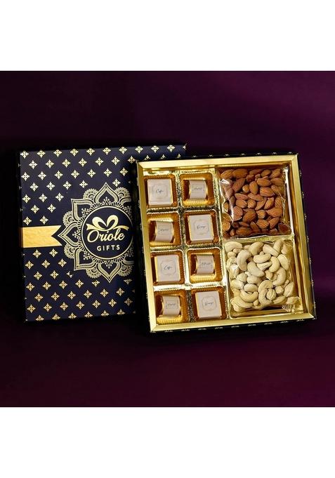 Oriole Gifts Diwali Hamper with Dry Fruits & Chocolate for Employees Family | Almond 100g, Cashews 8 Assorted Chocolates