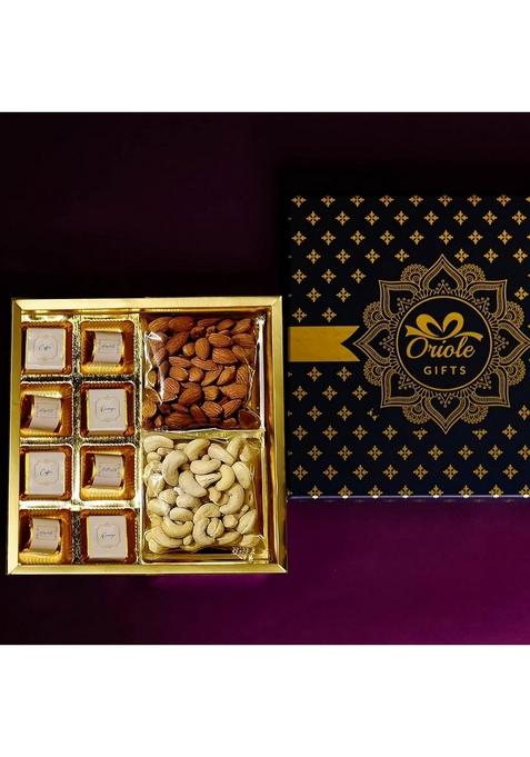 Oriole Gifts Diwali Hamper with Dry Fruits & Chocolate for Employees Family | Almond 100g, Cashews 8 Assorted Chocolates
