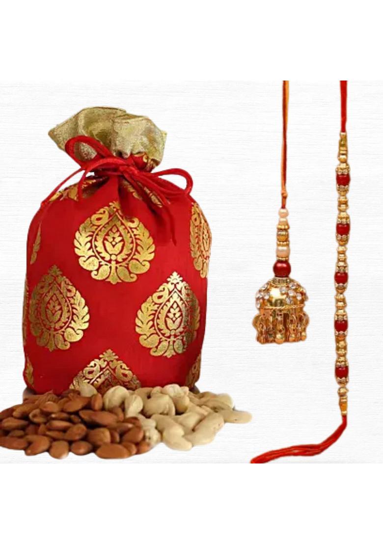 BIGWISHBOX Rakhi Gifts | Bhai Bhabhi Set Almond And Cashew Nuts Potli 500g Next Day Delivery