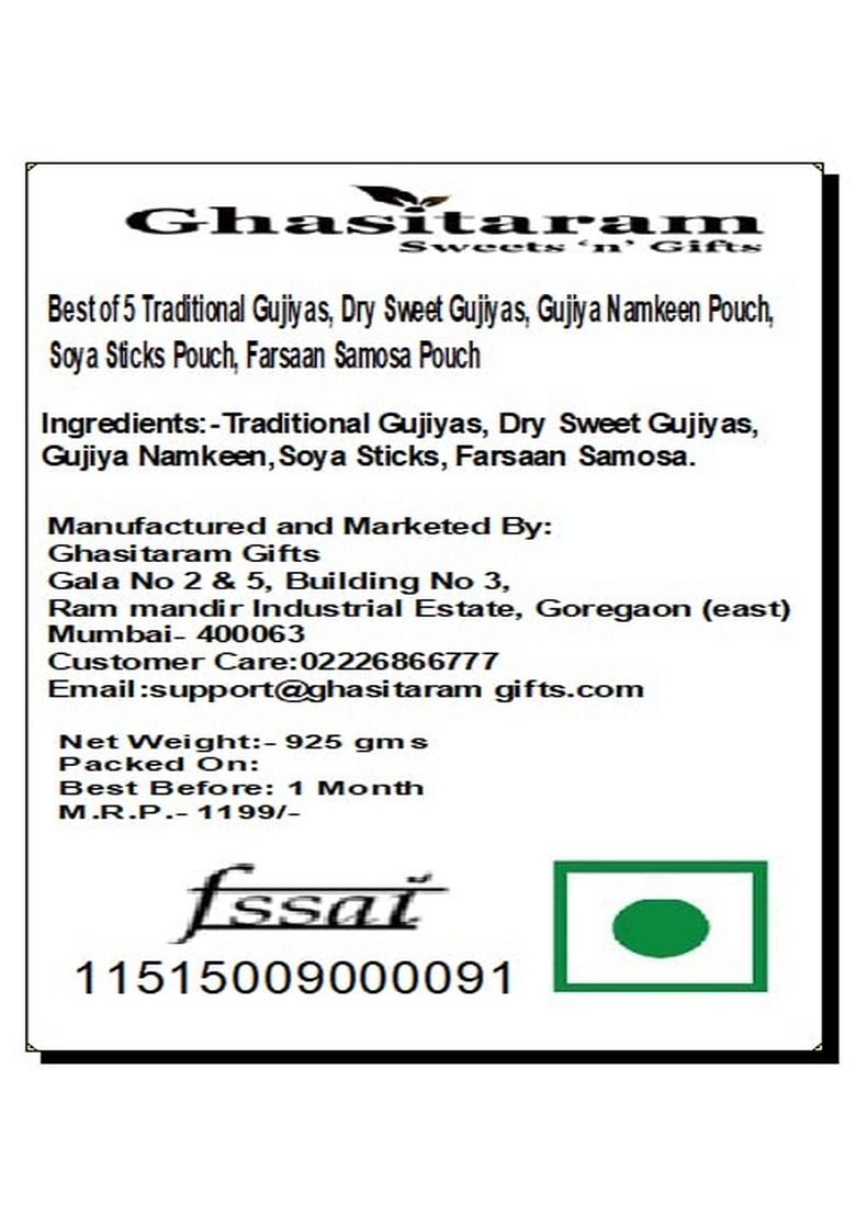 Ghasitaram Gifts Holi- Sweets/ Holi Hampers/ Sweets Hampers Best of 5 Traditional Gujiyas, Dry Sweet Gujiya Namkeen Pouch, SOYA Sticks Farsaan Samosa Pouch