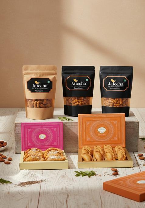 Ghasitaram Gifts Holi- Sweets/ Holi Hampers/ Sweets Hampers Best of 5 Traditional Gujiyas, Dry Sweet Gujiya Namkeen Pouch, SOYA Sticks Farsaan Samosa Pouch