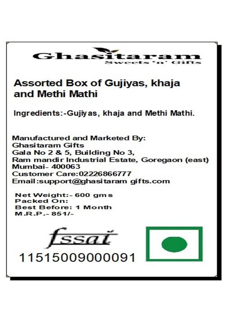 Ghasitaram Gifts Holi Sweets/ Gift/ Hampers/ Assorted Box of Gujiyas, khaja and Methi Mathi|Gift Hamper| Diwali Gift Hamper|Food Hampers|Gourmet Hampers|