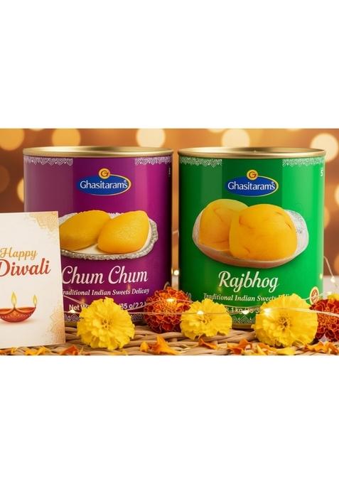 Ghasitaram's Diwali Gift Hamper Chum + Rajbhog Tin Combo 1kg with Greeting Card +Puja Thali