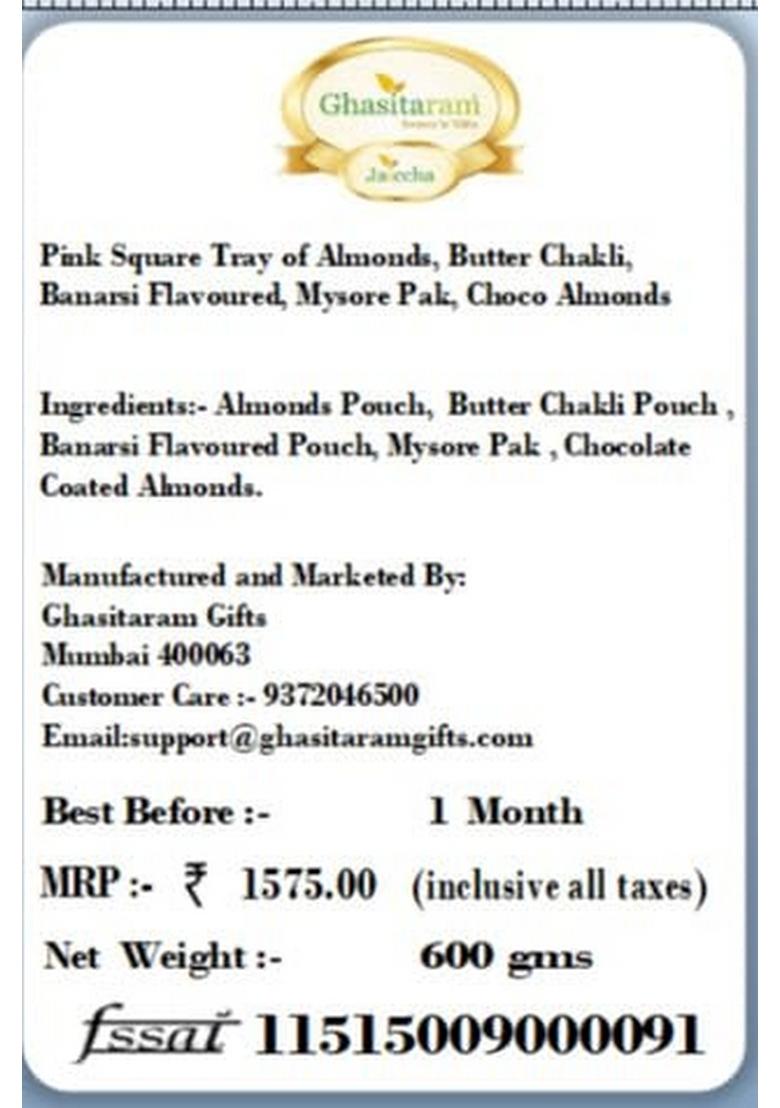 Ghasitaram Gifts Express Delivery Pink Square Tray of Almonds,Butter Chakli,Banarsi Flavoured,Mysore Pak,Choco Almonds|Gift for Diwali,Holi,Valentine,Birthday,Anniversary,Gift Her,Him,Mothers Day|
