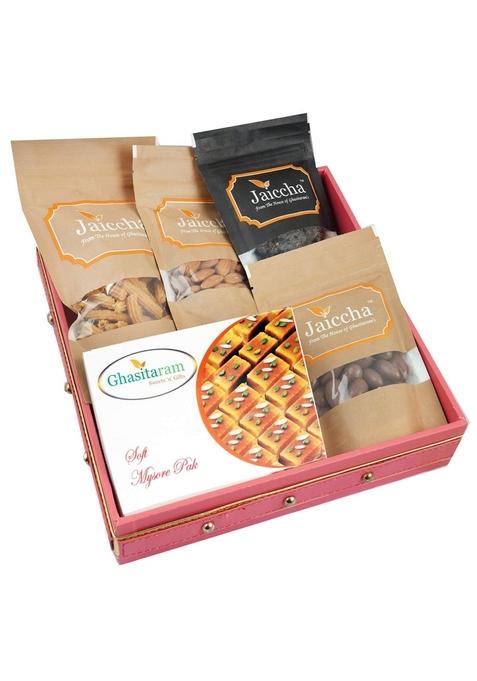 Ghasitaram Gifts Express Delivery Pink Square Tray of Almonds,Butter Chakli,Banarsi Flavoured,Mysore Pak,Choco Almonds|Gift for Diwali,Holi,Valentine,Birthday,Anniversary,Gift Her,Him,Mothers Day|