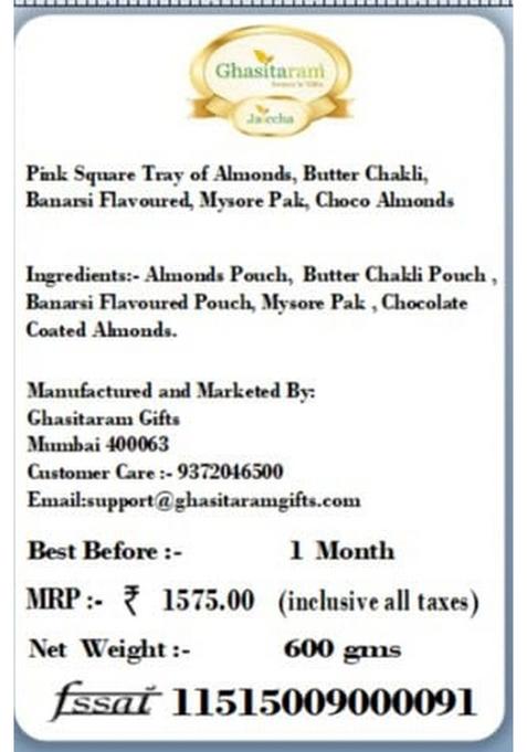Ghasitaram Gifts Express Delivery Pink Square Tray of Almonds,Butter Chakli,Banarsi Flavoured,Mysore Pak,Choco Almonds|Gift for Diwali,Holi,Valentine,Birthday,Anniversary,Gift Her,Him,Mothers Day|