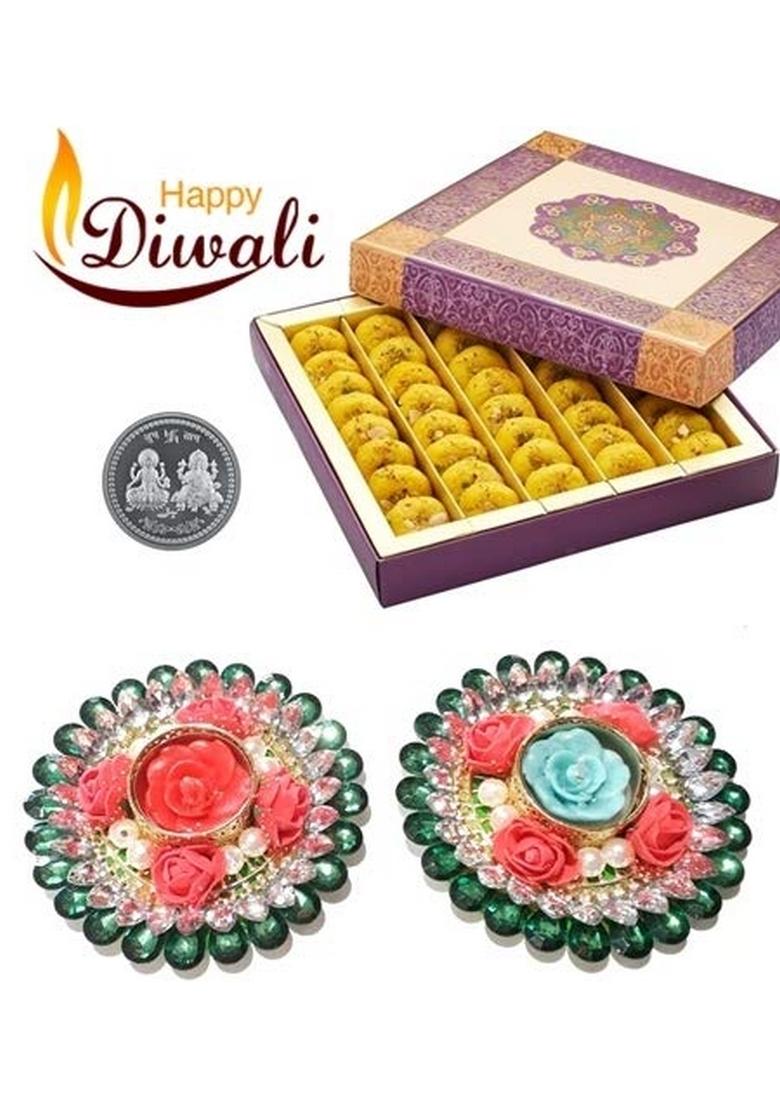GHASITARAM'S Diwali Gifts 2 Fancy Diya with Kesar Mawa Peda 400 gm For Gifting, Festive Gifting
