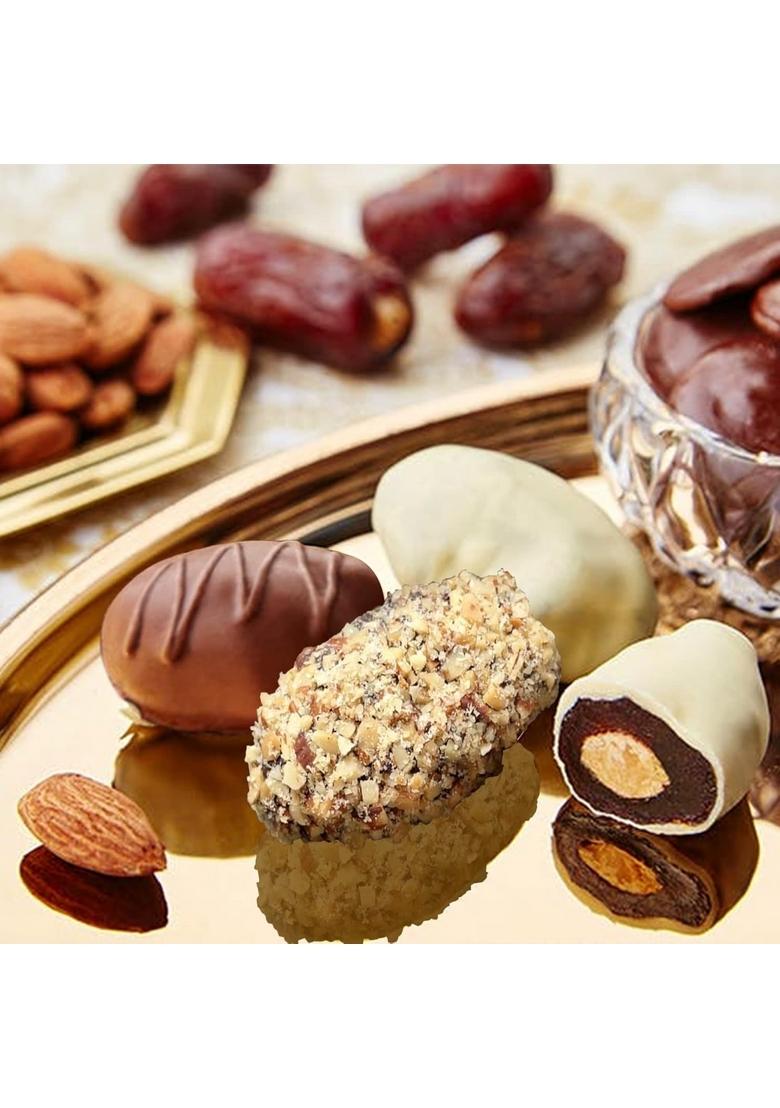 Oriole Gifts Diwali Gift Hamper with 8 Chocolates & Chocolate Coated Dates Almonds | Corporate GIfting for Employees, Boss, Clients, Staff Pack Family