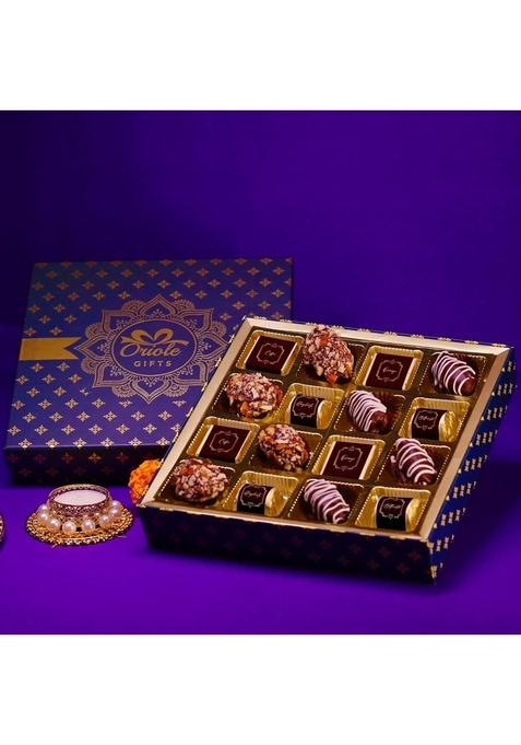 Oriole Gifts Diwali Gift Hamper with 8 Chocolates & Chocolate Coated Dates Almonds | Corporate GIfting for Employees, Boss, Clients, Staff Pack Family