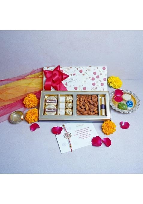 Velvet Fine Chocolates Rakhi Gift Hamper for Brother with 1 and Greeting Card | Premium Chocolate & Dry Fruits Raksha Bandhan
