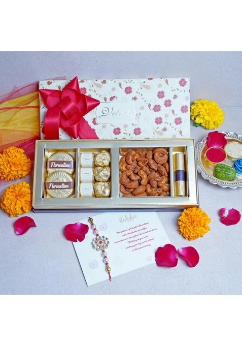 Velvet Fine Chocolates Rakhi Gift Hamper for Brother with 1 and Greeting Card | Premium Chocolate & Dry Fruits Raksha Bandhan