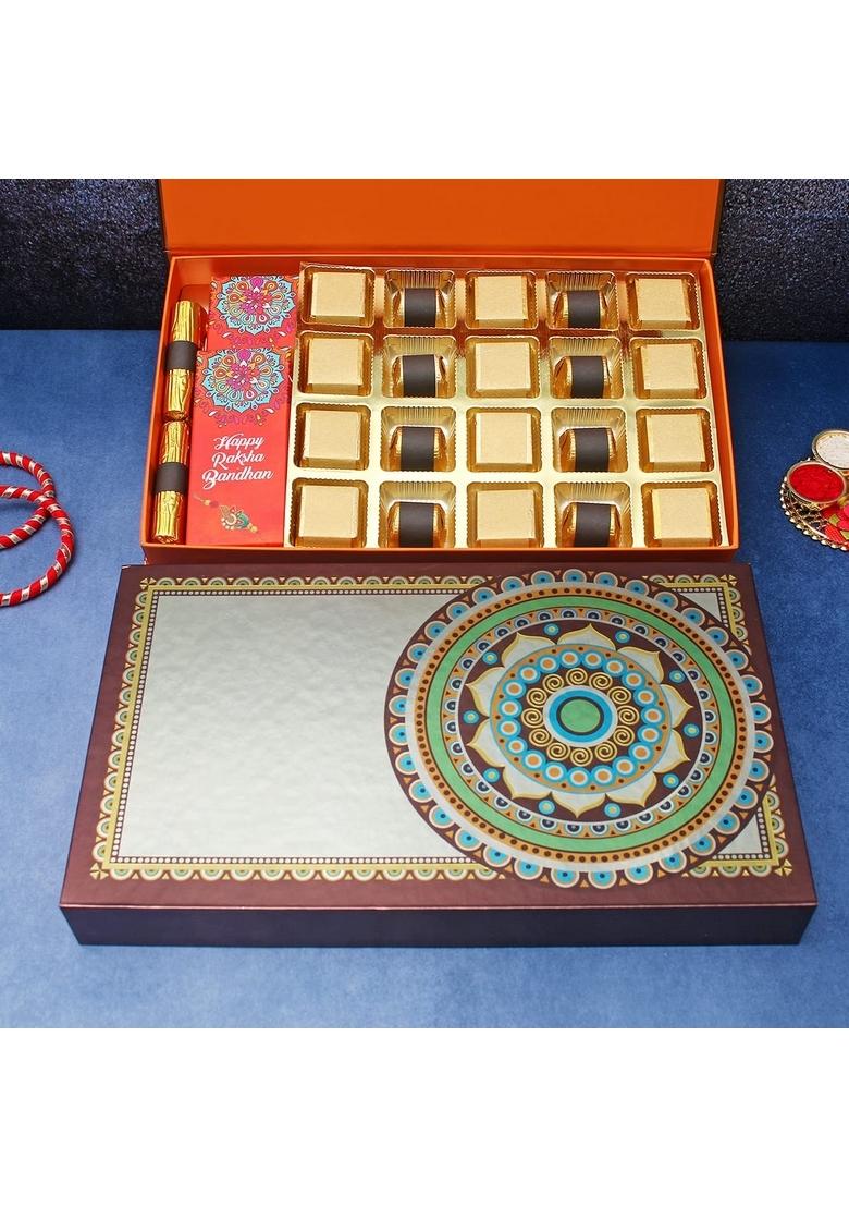 Velvet Fine Chocolates Premium Rakhi Gift Hamper for Brother & Sister with | Pack 20 Assorted Chocolates, 2 Cranberry Chocolate Logs, 1 Fruit Nut Bar, Oreo Bar