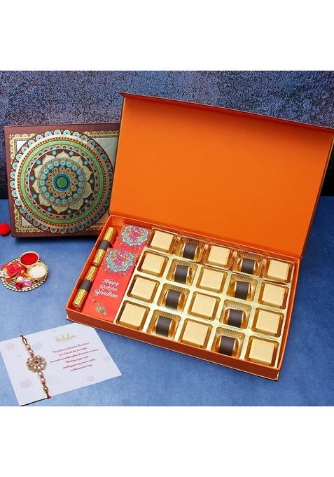 Velvet Fine Chocolates Premium Rakhi Gift Hamper for Brother & Sister with | Pack 20 Assorted Chocolates, 2 Cranberry Chocolate Logs, 1 Fruit Nut Bar, Oreo Bar