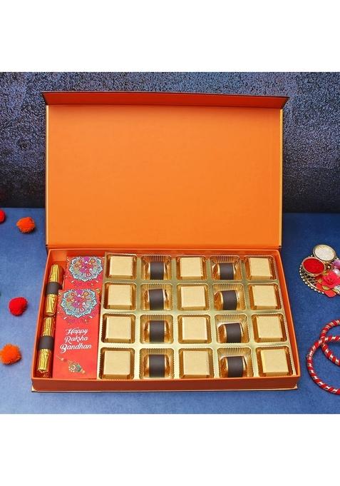 Velvet Fine Chocolates Premium Rakhi Gift Hamper for Brother & Sister with | Pack 20 Assorted Chocolates, 2 Cranberry Chocolate Logs, 1 Fruit Nut Bar, Oreo Bar
