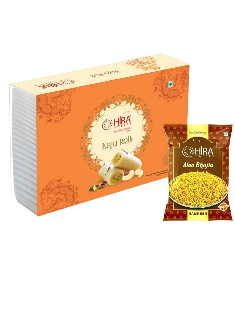 HIRA SWEETS Kaju Roll (500 g) & Aloo Bhujia(400 Combo Pack | Indian Traditional Mithai Made With Finest Cashews Namkeen Festival Box