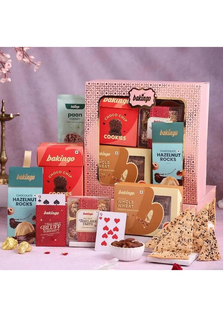 Bakingo Premium Gift Hamper of Wheat Cracker, Choco Cookies, Hazelnut Rocks, Baklawa Tarts, Paan Raisins & Cards For Birthday Gift, Anniversary Christmas New Year (Same Day Delivery)