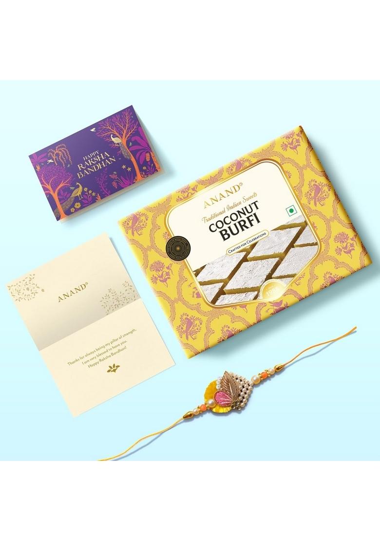 ANAND Sweets Raksha Bandhan/Rakhi MIthai Gift box | Coconut Burfi (500g) + Rakhi Greeting card combo Mouth Watering Pure Desi Ghee For Brother, Sister, Bhabhi No Preservatives
