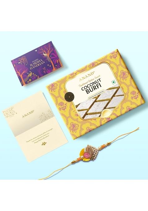 ANAND Sweets Raksha Bandhan/Rakhi MIthai Gift box | Coconut Burfi (500g) + Rakhi Greeting card combo Mouth Watering Pure Desi Ghee For Brother, Sister, Bhabhi No Preservatives