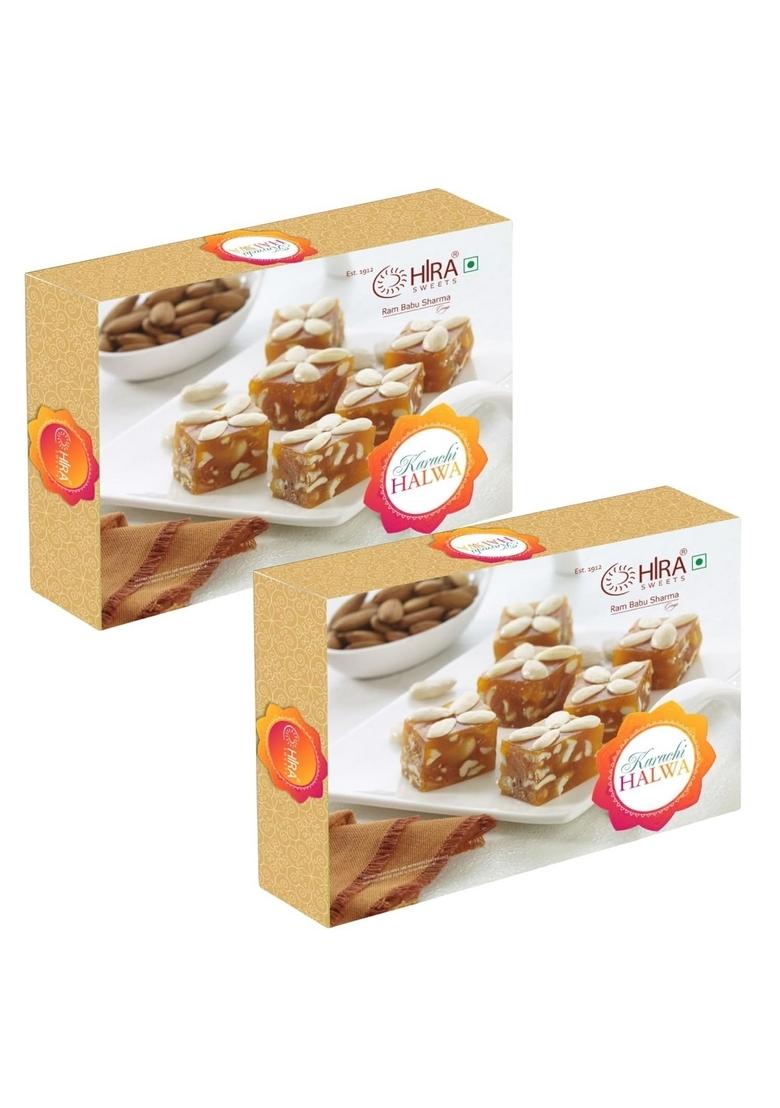 HIRA SWEETS Karachi Halwa 1Kg (500g x 2) | Made with Pure Desi Ghee & Fresh Almond,Healthy Cashew Nuts and Pistachio Ready to Eat Traditional Mithai No Added Colours Indian Gift Box