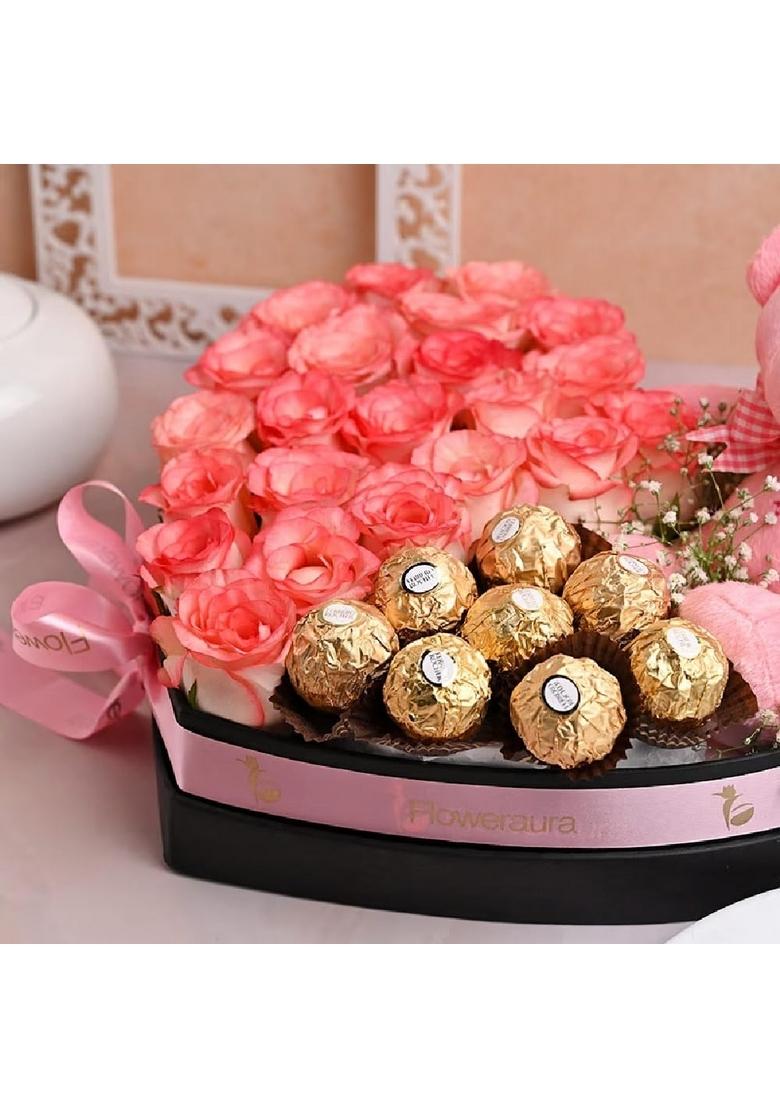 Floweraura Decorative Bunch Of Fresh Live 20 Pink Rose With Pack 8 Chocolate & Cute Teddy Bear In Heart Shape Box Valentine's Day Gifts For Girlfriend, Boyfriend, Husband Wife (Same Delivery)