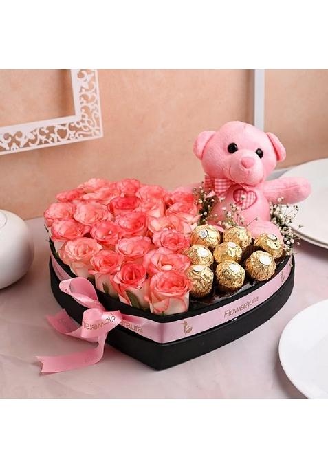 Floweraura Decorative Bunch Of Fresh Live 20 Pink Rose With Pack 8 Chocolate & Cute Teddy Bear In Heart Shape Box Valentine's Day Gifts For Girlfriend, Boyfriend, Husband Wife (Same Delivery)