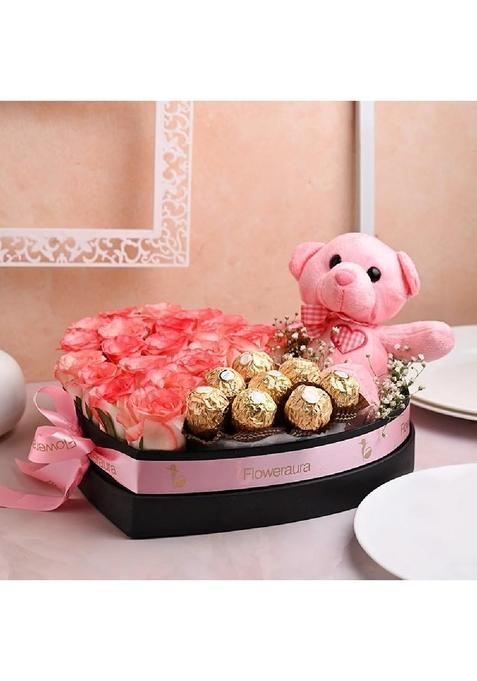 Floweraura Decorative Bunch Of Fresh Live 20 Pink Rose With Pack 8 Chocolate & Cute Teddy Bear In Heart Shape Box Valentine's Day Gifts For Girlfriend, Boyfriend, Husband Wife (Same Delivery)