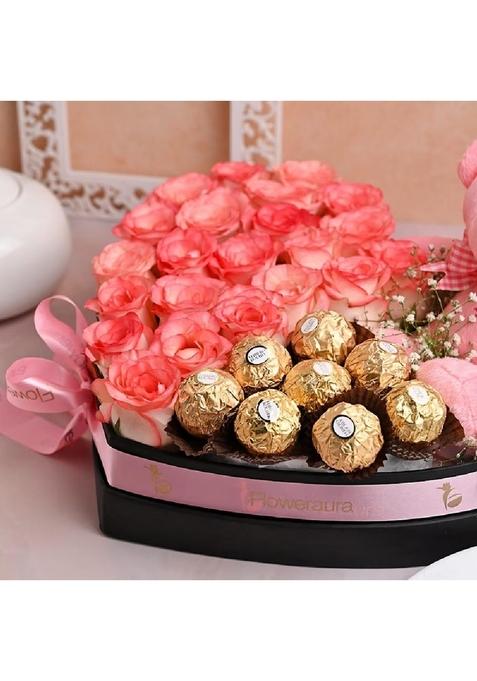 Floweraura Decorative Bunch Of Fresh Live 20 Pink Rose With Pack 8 Chocolate & Cute Teddy Bear In Heart Shape Box Valentine's Day Gifts For Girlfriend, Boyfriend, Husband Wife (Same Delivery)