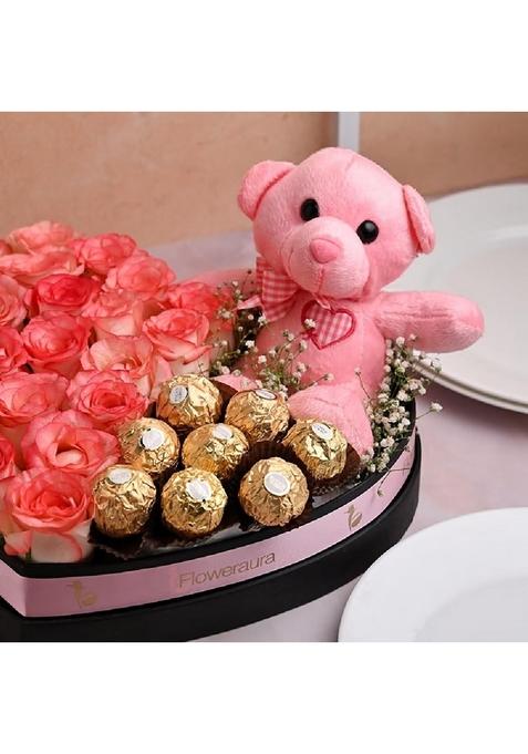 Floweraura Decorative Bunch Of Fresh Live 20 Pink Rose With Pack 8 Chocolate & Cute Teddy Bear In Heart Shape Box Valentine's Day Gifts For Girlfriend, Boyfriend, Husband Wife (Same Delivery)