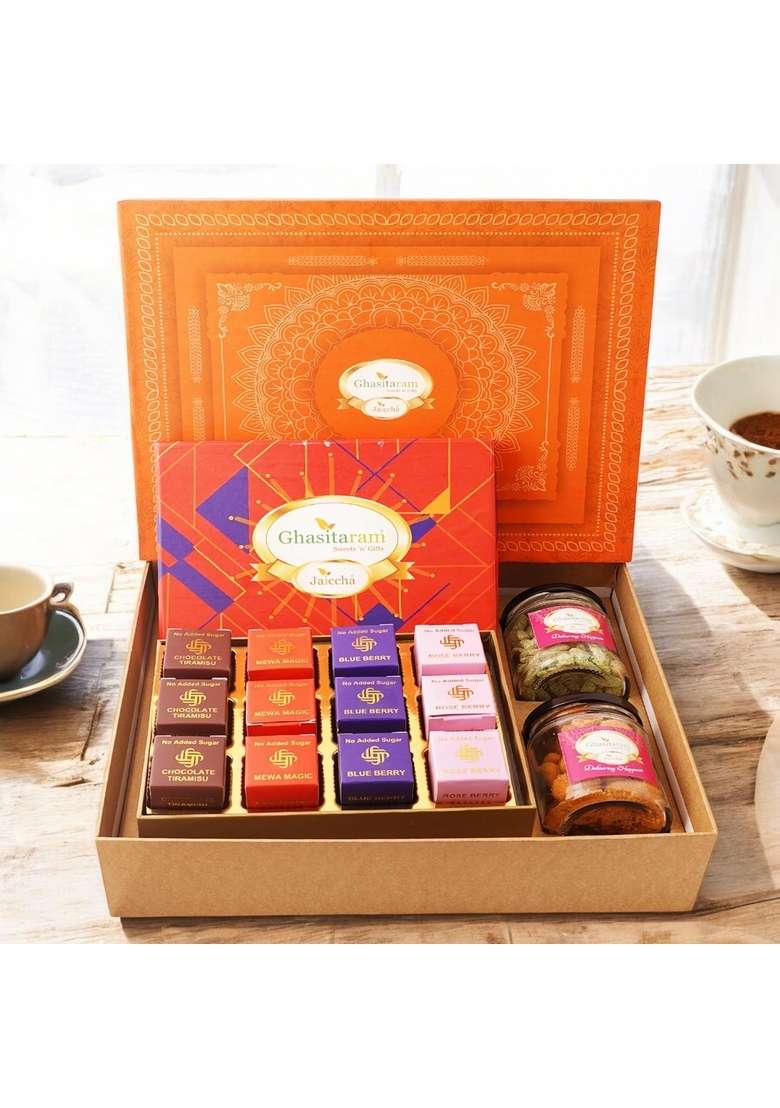 Ghasitaram Gifts Orange Hamper Box with sugarfree mewa bites bites,Crunchy Cashew and Flavour Raisins Jar|Sugar Free Sweets|Diabetic Friendly|Diwali Sugar Sweets - Indya