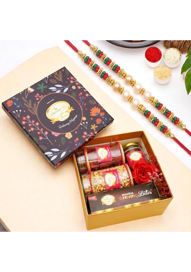 Ghasitaram Gifts Rakhi for Brothers Hamper Box of Sweets/Bites, Namkeen and Dryfruit-GGHBwith 2 Rakhis