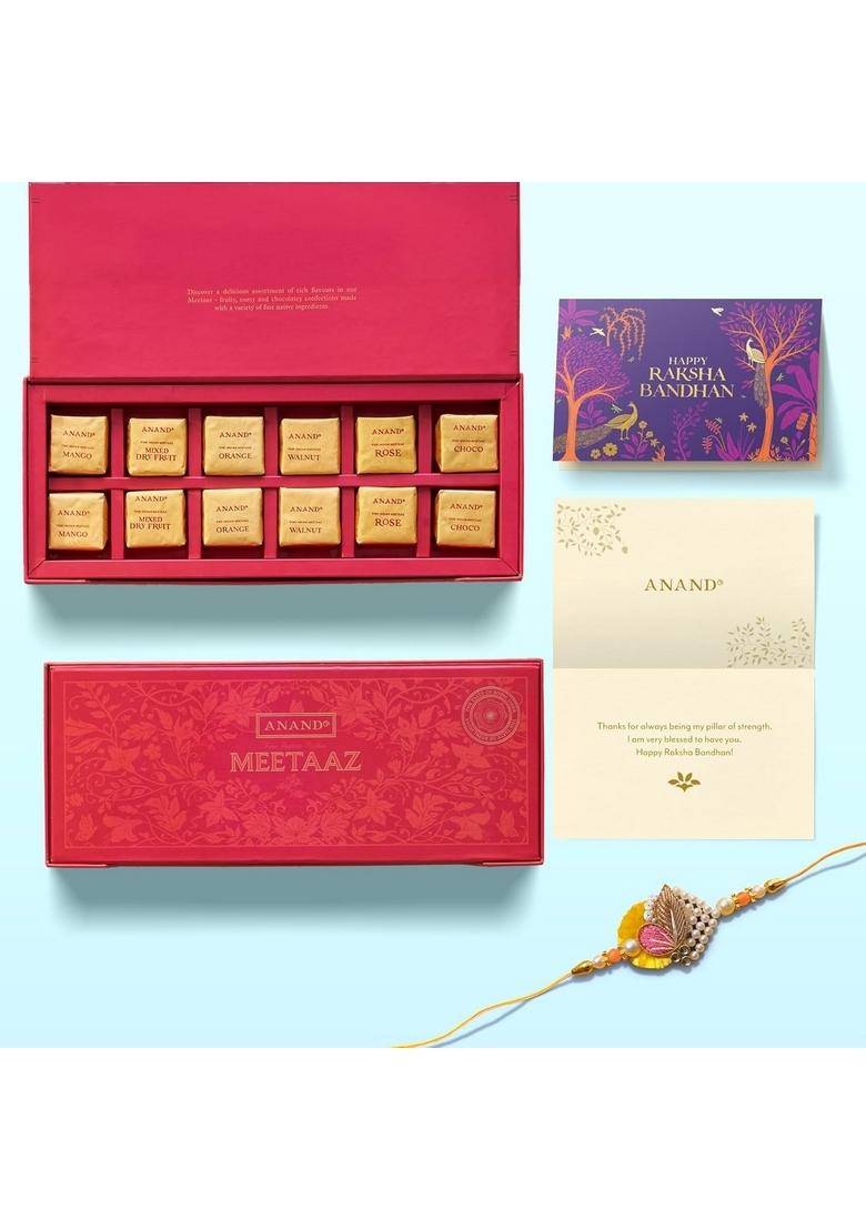 ANAND Sweets Raksha Bandhan/Rakhi Special Collection Gift box | Assorted (300g, 12 pcs) + Rakhi Greeting card combo Pure Desi Ghee For brother, sister, bhabhi