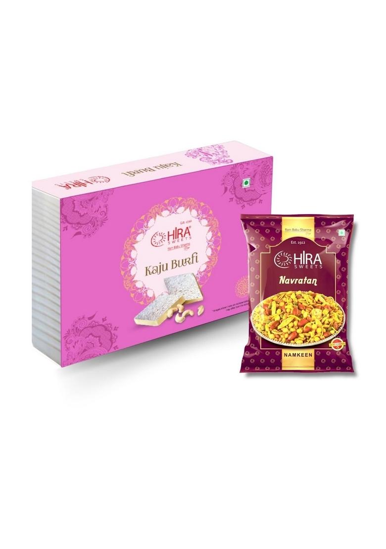 HIRA SWEETS Kaju Burfi (500 g) & Navratan (400 Combo Pack | Indian Traditional Mithai Katli Made With Finest Cashews Namkeen Festival Box