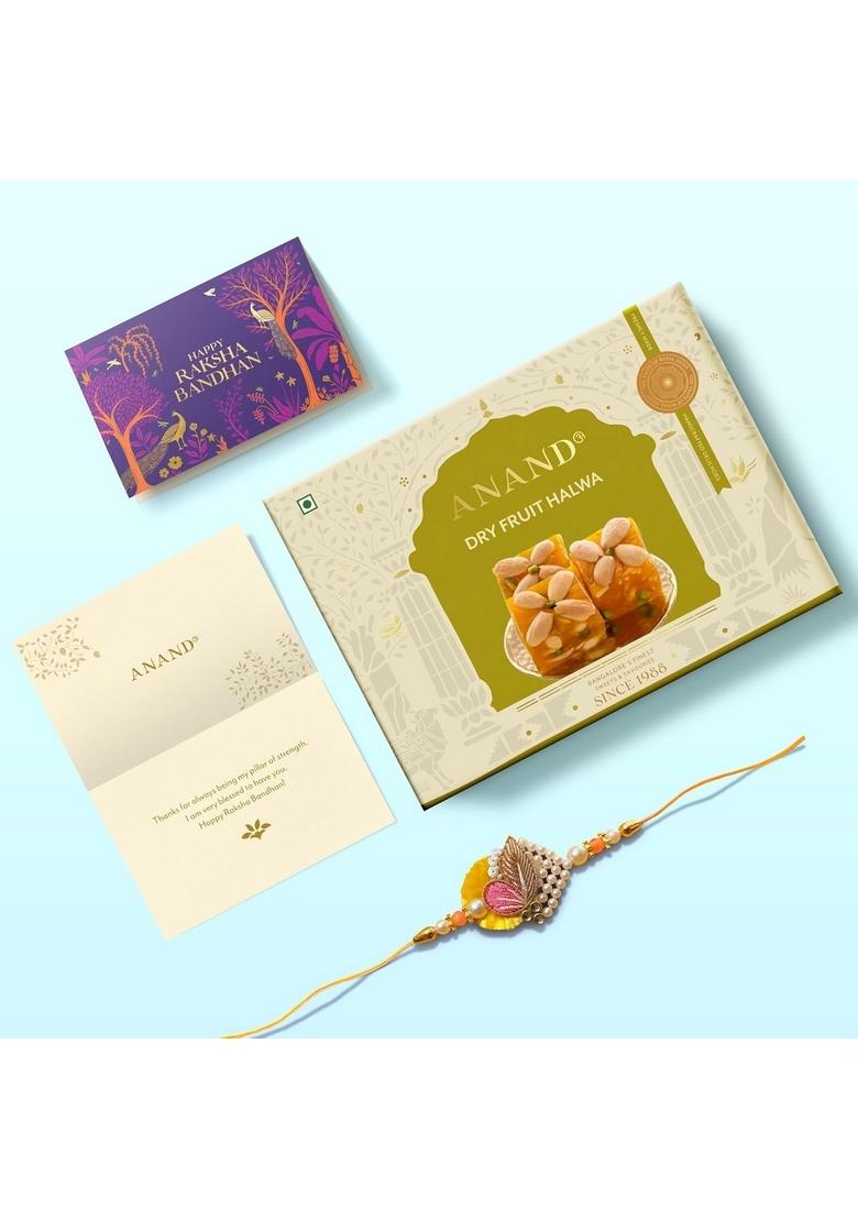 ANAND Sweets Raksha Bandhan/Rakhi MIthai Gift box | Dry Fruits Halwa (500g) + Rakhi Greeting card combo Mouth Watering Pure Desi Ghee For Brother, Sister, Bhabhi No Preservatives