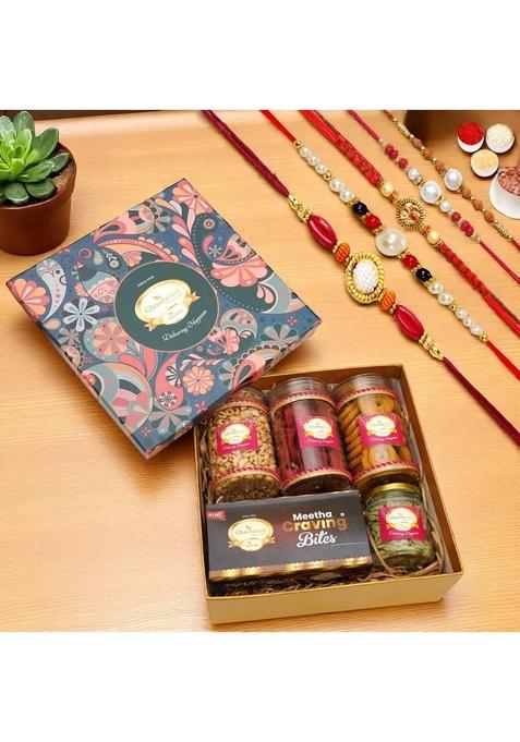 Ghasitaram Gifts Rakhi for Brothers Big Hamper Box of Sweets/Bites, Namkeen and Dryfruit-GGBHBwith 5 Rakhis
