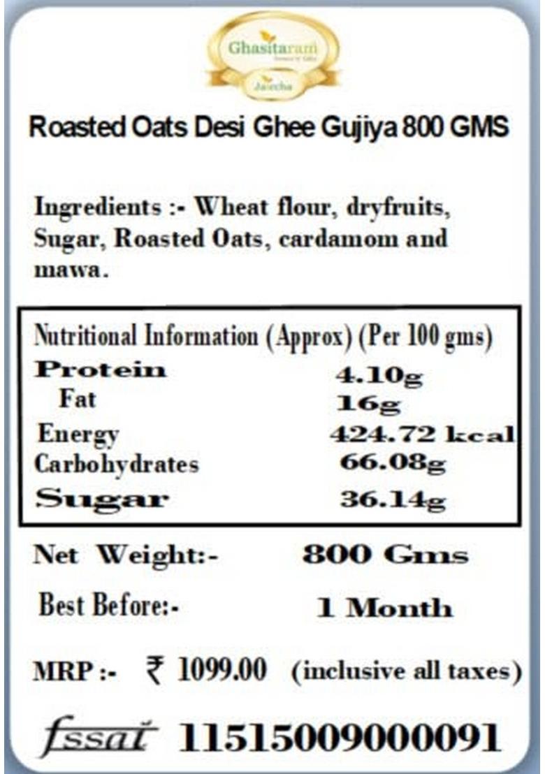 Ghasitaram Gifts Holi Sweets/ Gift/ Hampers/ Roasted Oats Desi Ghee Gujiya 800 GMS |Sweets|Sweets Gift Pack|Diwali Sweets|Indian Mithai|Diwali Sweets Box|Sweets Box