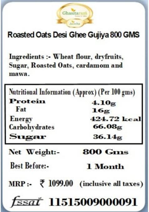 Ghasitaram Gifts Holi Sweets/ Gift/ Hampers/ Roasted Oats Desi Ghee Gujiya 800 GMS |Sweets|Sweets Gift Pack|Diwali Sweets|Indian Mithai|Diwali Sweets Box|Sweets Box