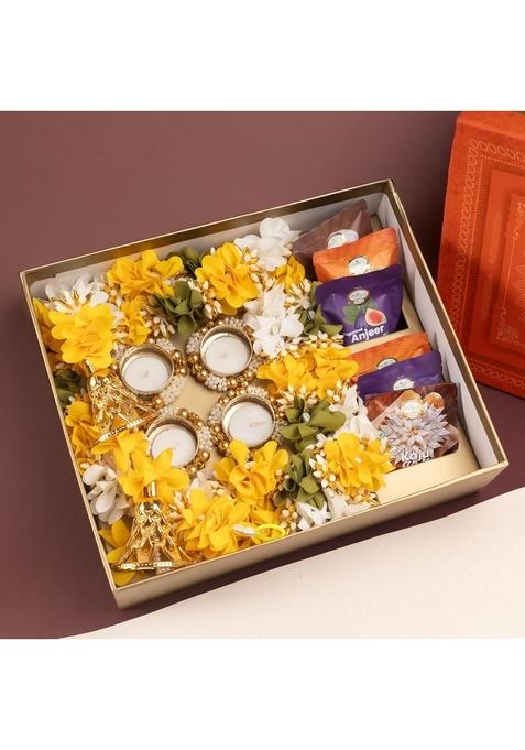Ghasitaram Gifts Diwali Gift - Orange Hamper Box with toran,t Lights and Assorted mithai/Sweets Pouches|Gift Hamper|Diwali Hamper|Food Hampers|Gourmet Hampers|