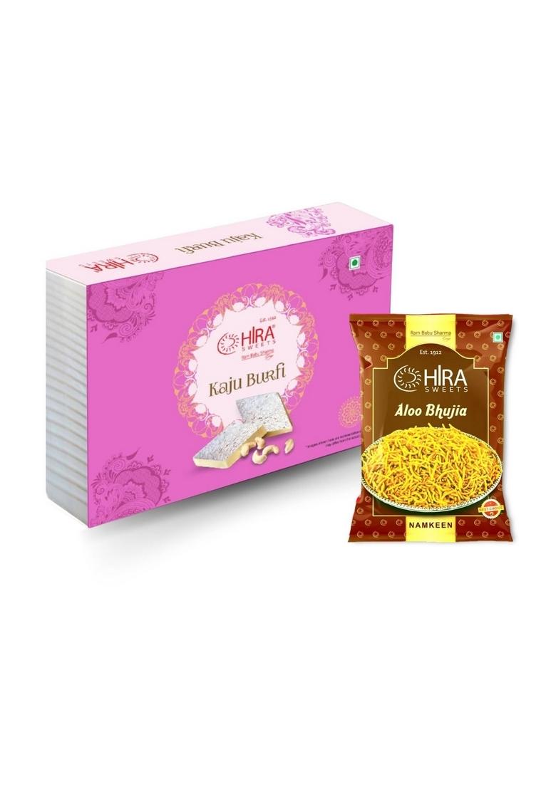 HIRA SWEETS Kaju Burfi (500 g) & Aloo Bhujia (400 Combo Pack | Indian Traditional Mithai Katli Made With Finest Cashews Namkeen Festival Box