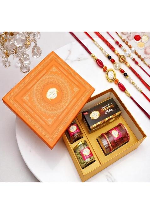 Ghasitaram Gifts Rakhi for Brothers Orange Hamper Box of Sweets/Bites, Namkeen and Dryfruit- Ohb-2with 5 Rakhis